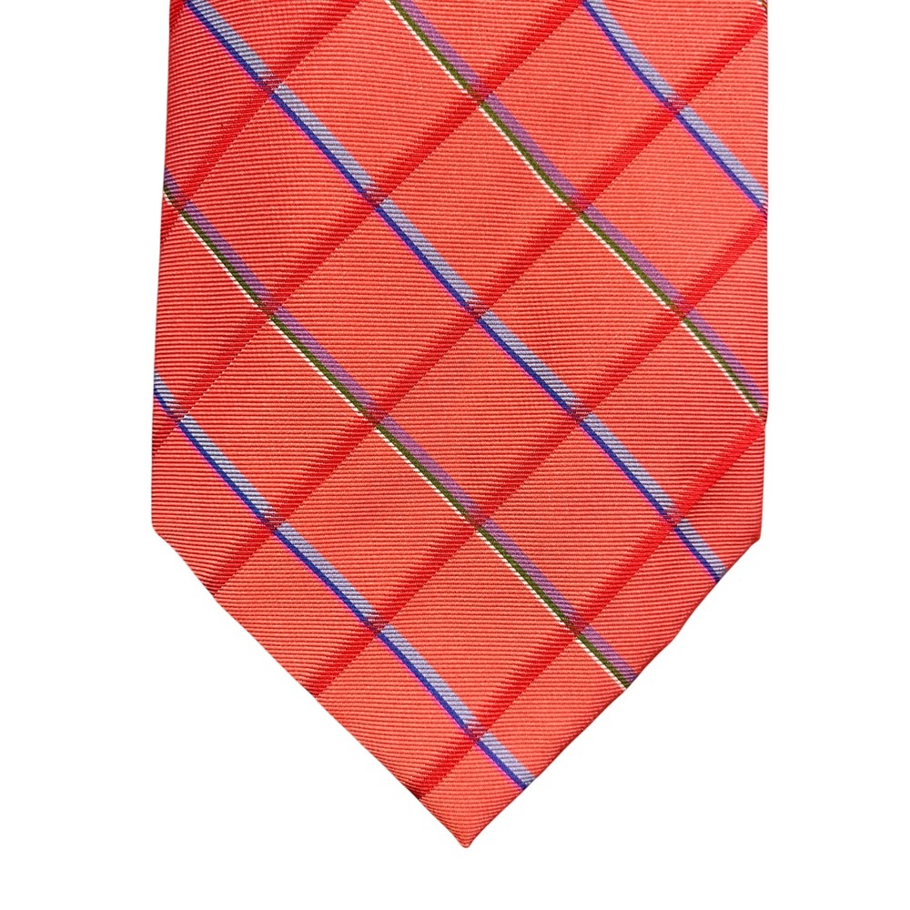 Talbots Mens Silk Tie Coral Red Diamond Quilted Stripe Handmade Italy Necktie
